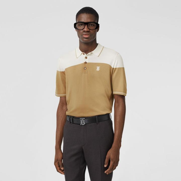Burberry Burberry Monogram Motif Two-tone Silk Cashmere Polo Shirt, Beige