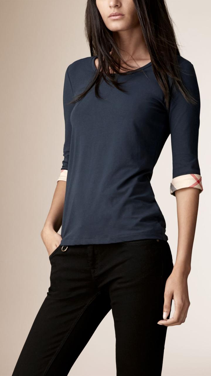 Burberry Burberry Check Cuff Stretch-cotton Top, Size: L, Blue
