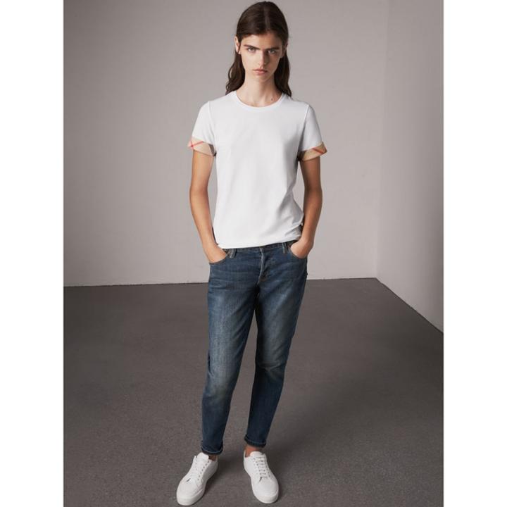 Burberry Burberry Check Cuff Stretch Cotton T-shirt, Size: M, White