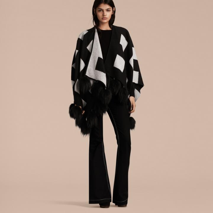 Burberry Burberry Check Jacquard Cashmere Poncho With Raccoon Pom-poms, Black
