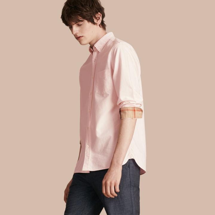 Burberry Burberry Check Detail Stretch Cotton Poplin Shirt, Size: Xxxl, Pink