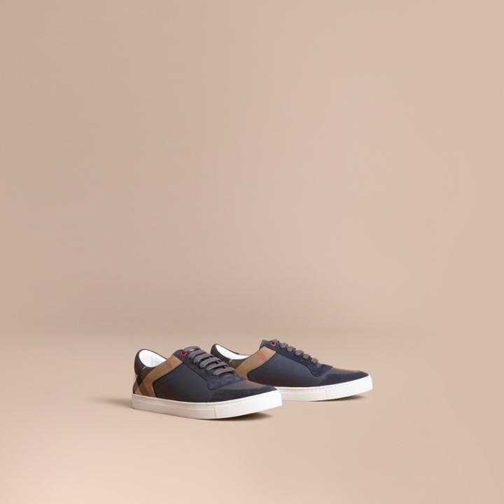 Burberry Burberry Leather And House Check Trainers, Size: 46, Blue