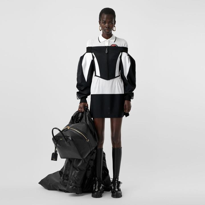 Burberry Burberry Logo Graphic Striped Mesh Polo Shirt Dress, Black