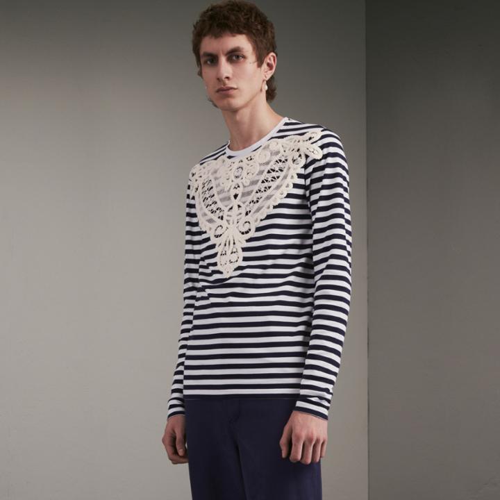 Burberry Burberry Unisex Breton Stripe Cotton Top With Lace Appliqu , Size: Xl, Blue