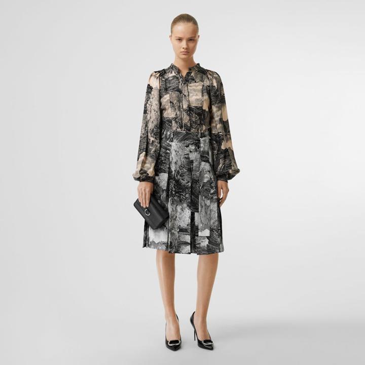 Burberry Burberry Dreamscape Print Pleated Silk Tie-waist Skirt, Size: 00, Black