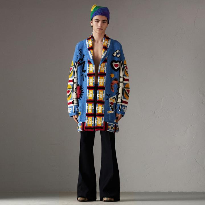 Burberry Burberry Wool Graphic Intarsia Cardigan, Blue