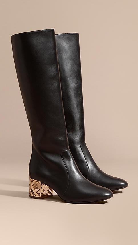 Burberry Check Heel Leather Knee-high Boots