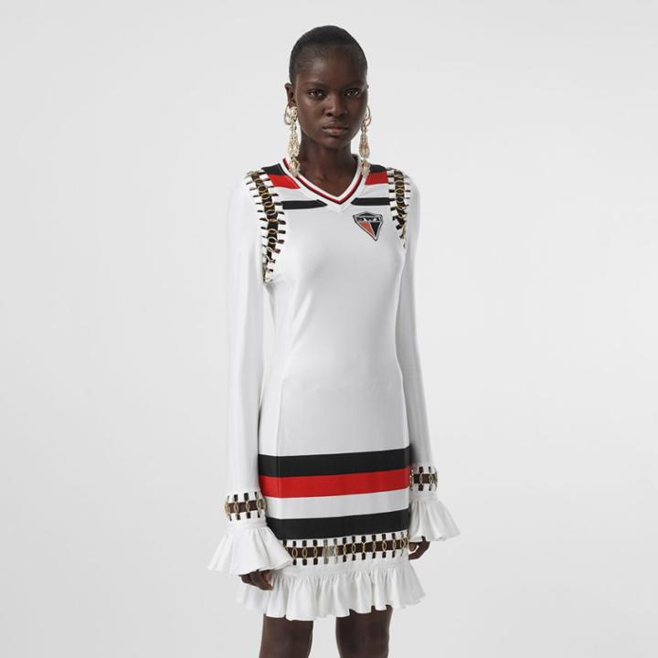 Burberry Burberry Ring-pierced Striped Stretch Jersey Mini Dress, Size: Xl, White
