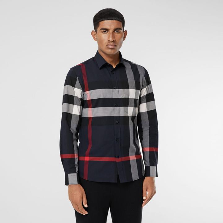 Burberry Burberry Check Stretch Cotton Poplin Shirt, Size: Xxl, Blue