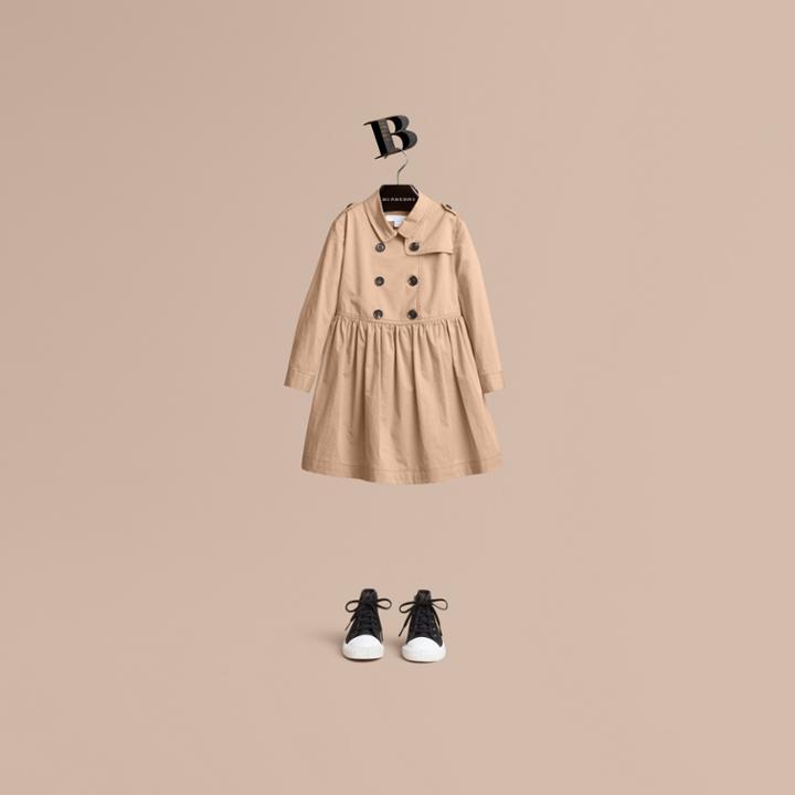 Burberry Burberry Check Detail Stretch Cotton Trench Dress, Size: 10y, Yellow