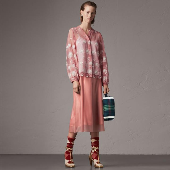 Burberry Burberry Puff-sleeve Embroidered Tulle Blouse, Size: 00