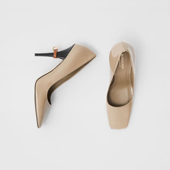 Burberry Burberry D-ring Detail Patent Leather Square-toe Pumps, Size: 35, Beige