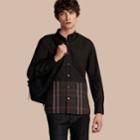 Burberry Burberry Check Panel Stretch-cotton Poplin Shirt, Size: M, Black
