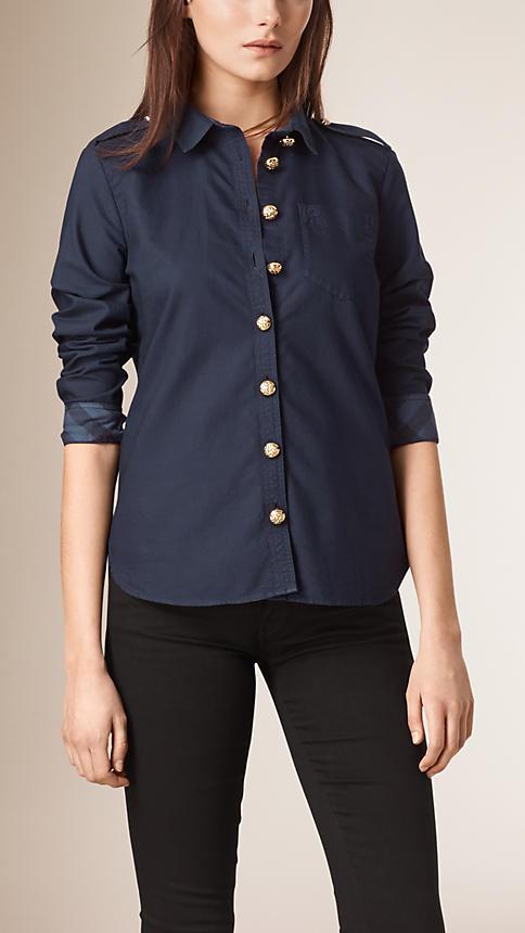 Burberry Brit Slim Fit Check Detail Military Cotton Shirt