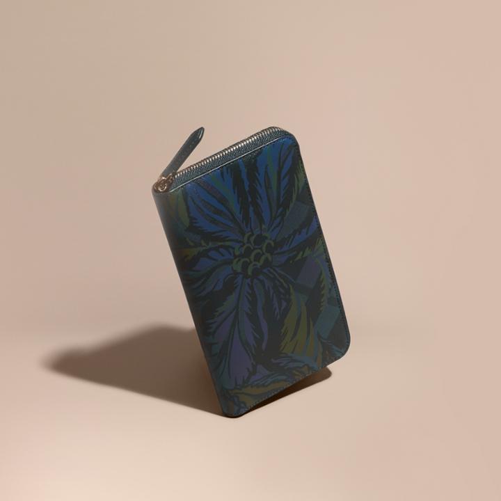 Burberry Burberry Floral Print London Check Ziparound Wallet, Blue