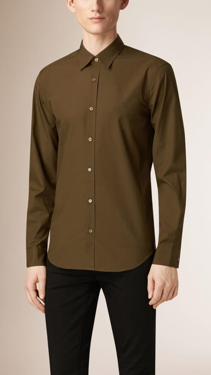 Burberry Burberry Check Detail Stretch Cotton Poplin Shirt, Size: Xl, Green