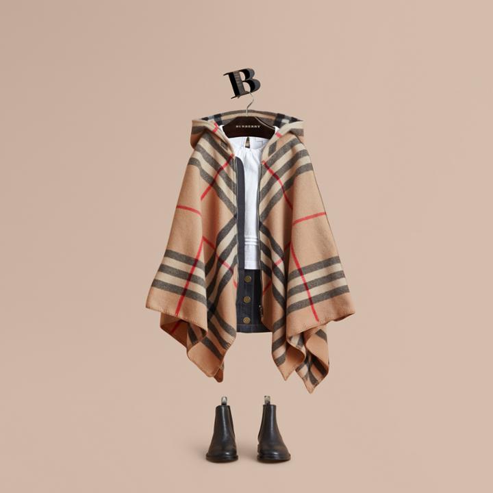 Burberry Burberry Check Wool Cashmere Hooded Poncho, Beige