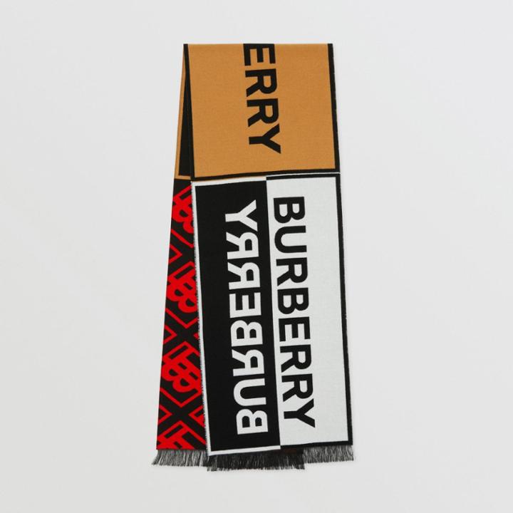 Burberry Burberry Contrast Logo Graphic Wool Silk Scarf, Beige