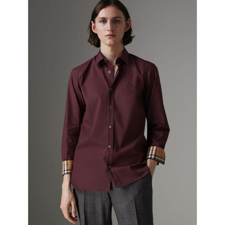 Burberry Burberry Check Cuff Stretch Cotton Poplin Shirt, Size: M, Red