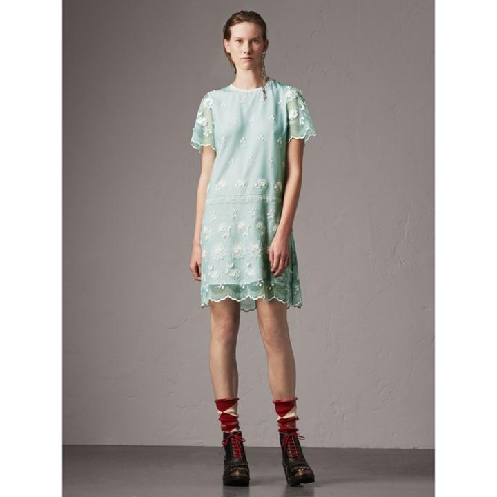 Burberry Burberry Short-sleeve Embroidered Tulle T-shirt Dress, Size: 12, Beige