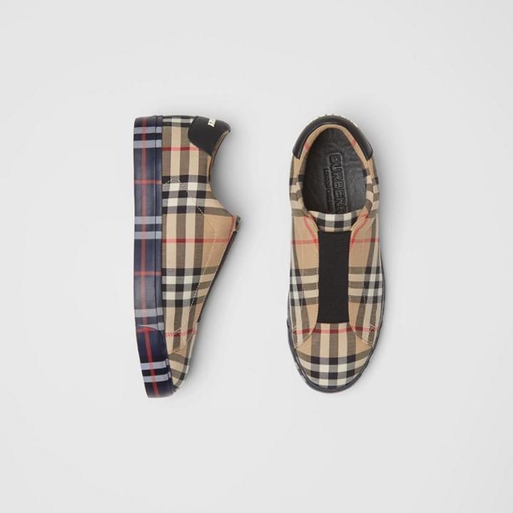 Burberry Burberry Contrast Check And Leather Slip-on Sneakers, Size: 38, Beige