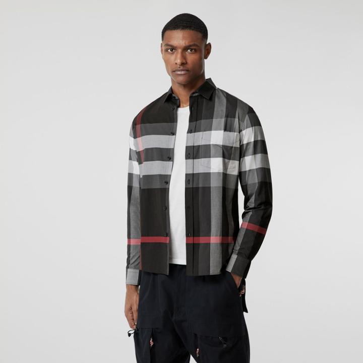 Burberry Burberry Check Stretch Cotton Poplin Shirt, Size: Xs, Grey