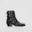 Burberry Burberry Buckled Embellished Leather Peep-toe Ankle Boots, Size: 38.5, Black