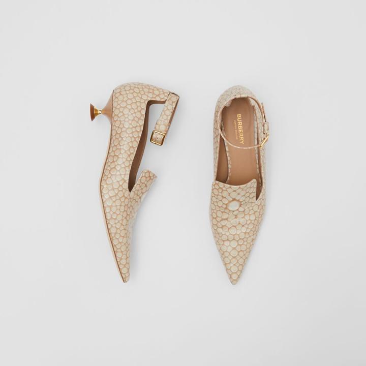 Burberry Burberry Stingray Print Leather Point-toe Kitten-heel Pumps, Size: 40.5, White