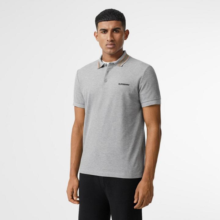 Burberry Burberry Icon Stripe Detail Cotton Piqu Polo Shirt, Size: M, Grey