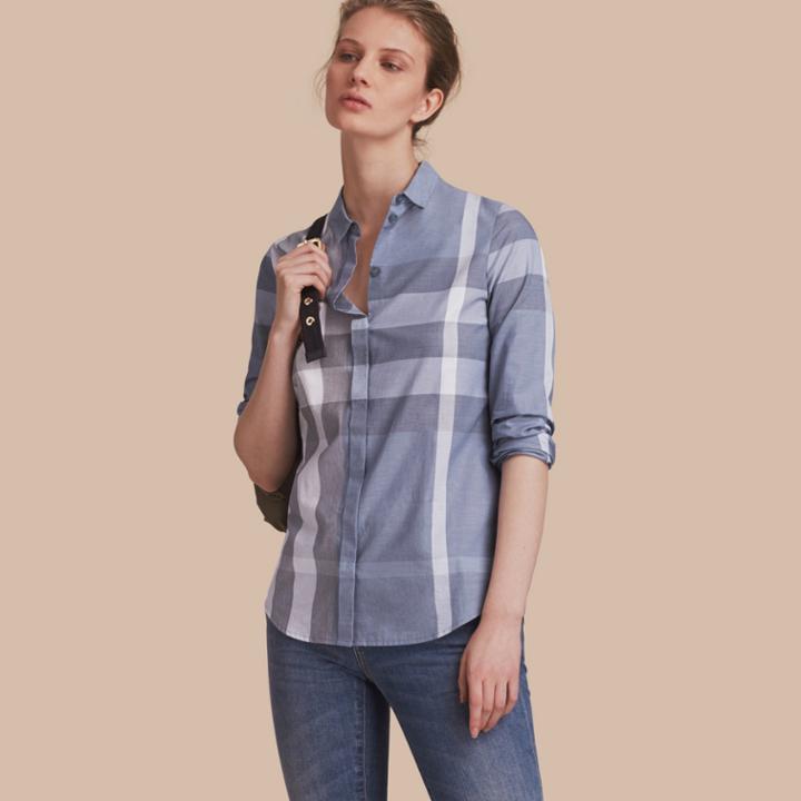 Burberry Burberry Check Cotton Shirt, Size: Xl, Blue