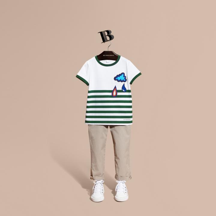 Burberry Burberry Striped Cotton T-shirt With Weather Appliqus, Size: 6y, Green