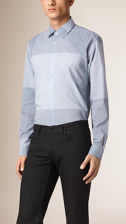 Burberry Modern Fit Colour Block Chambray Cotton Shirt