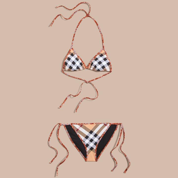 Burberry Burberry Floral Trim Check Triangle Bikini, Size: Xs, Beige