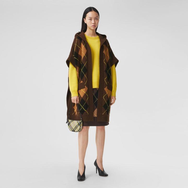 Burberry Burberry Argyle Intarsia Wool Cashmere Hooded Cape, Brown