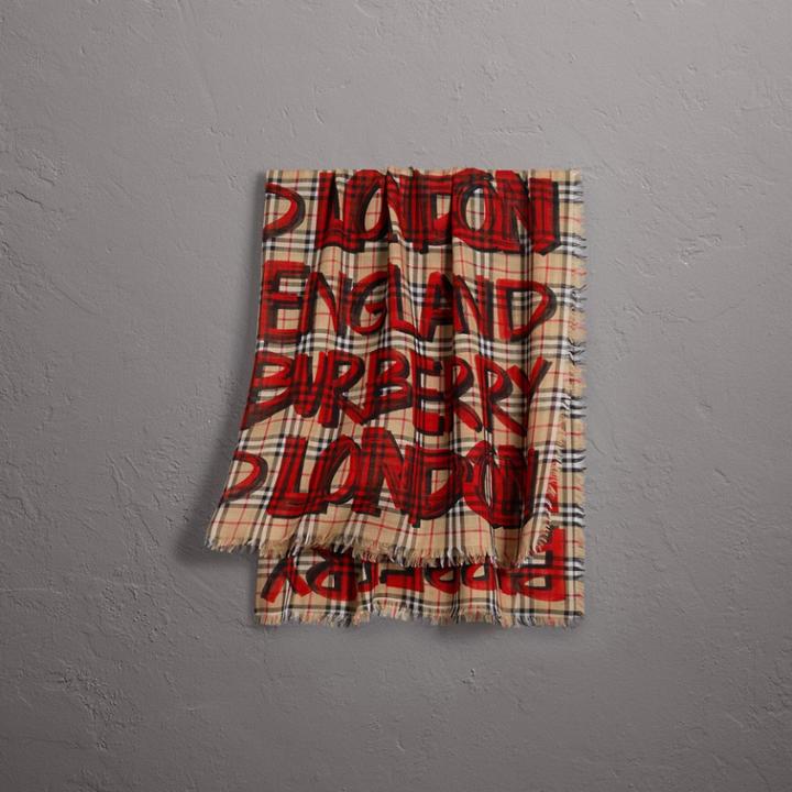 Burberry Burberry Graffiti Print Check Wool Silk Large Square Scarf