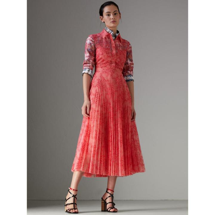 Burberry Burberry Pleated Lace Dress, Size: 12, Orange