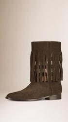 Burberry Check Panel Suede Fringe Boots