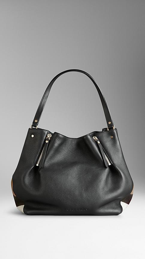 Burberry Medium Check Detail Leather Tote Bag