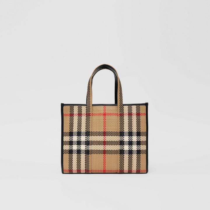 Burberry Burberry Small Latticed Leather Tote Bag, Beige
