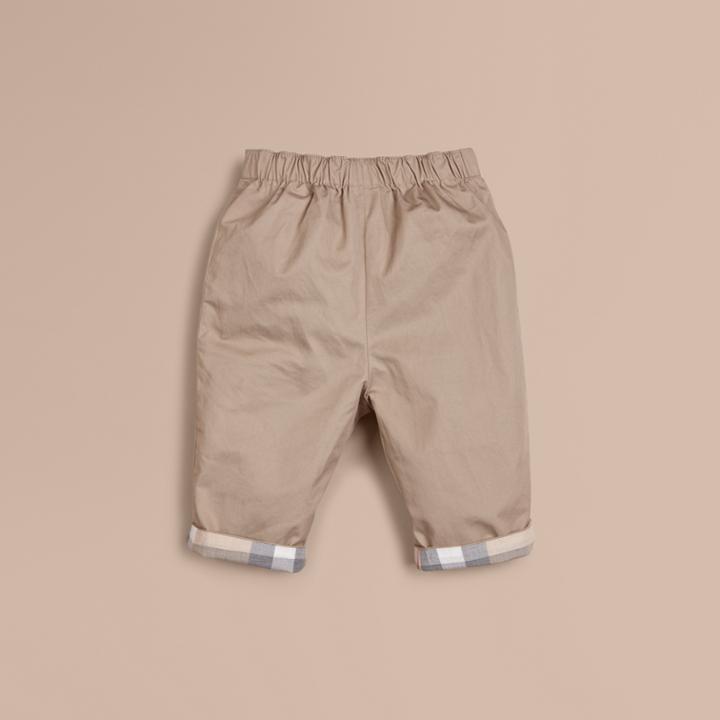 Burberry Burberry Check Turn-up Cotton Trousers, Size: 6m, Beige