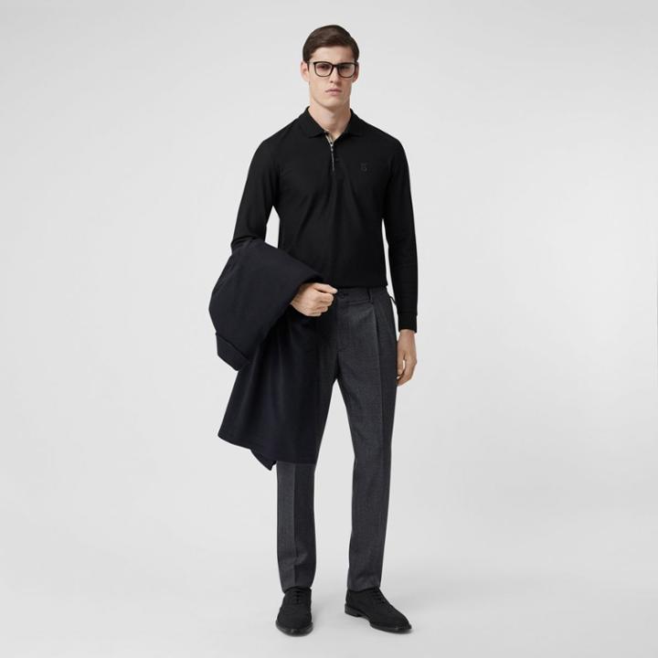 Burberry Burberry Long-sleeve Monogram Motif Cotton Piqu Polo Shirt, Black