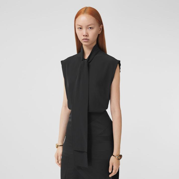 Burberry Burberry Sleeveless Silk Crepe De Chine Tie-neck Shirt, Size: 02