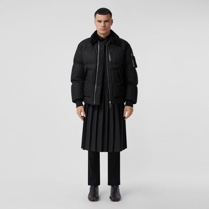 Burberry Burberry Shearling Collar Cotton Gabardine Puffer Jacket, Size: M