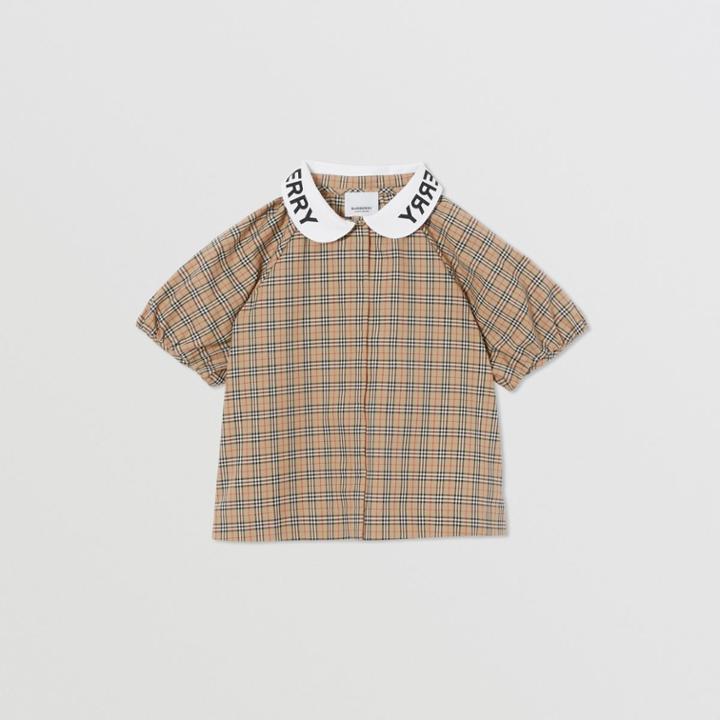 Burberry Burberry Childrens Logo Print Puff-sleeve Check Stretch Cotton Blouse, Size: 10y