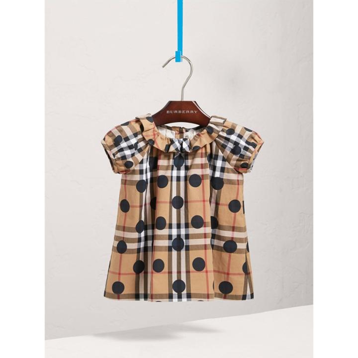 Burberry Burberry Ruffle Detail Polka-dot Check Cotton Dress, Size: 3y, Blue