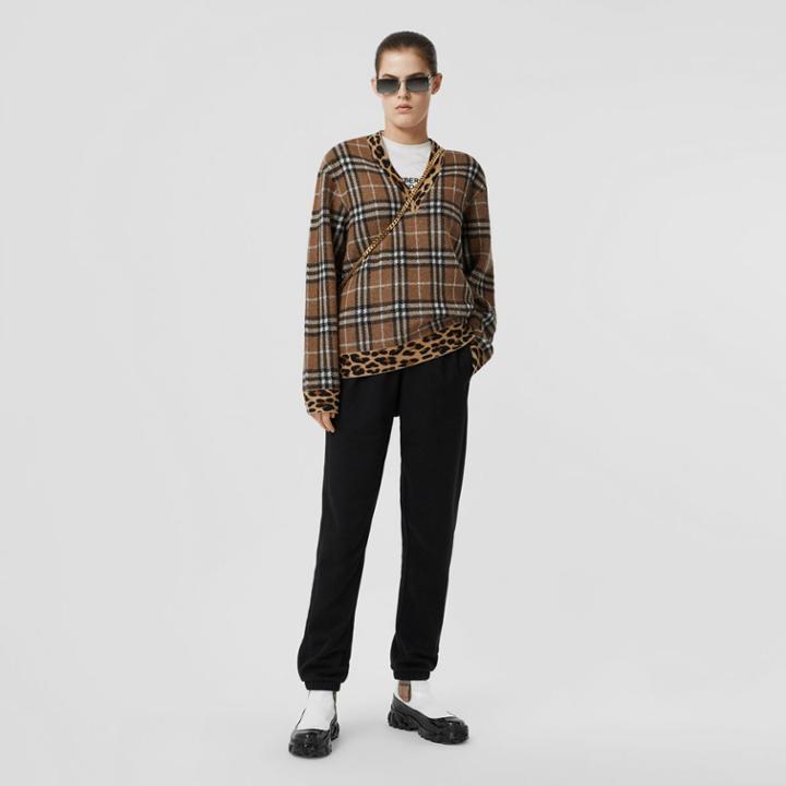 Burberry Burberry Leopard Detail Vintage Check Cashmere Blend Sweater, Beige