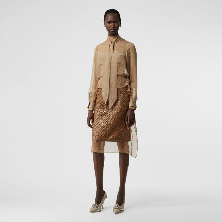 Burberry Burberry Fish-scale Print Silk Oversized Pussy-bow Blouse, Size: 04, Beige