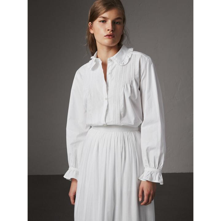 Burberry Burberry Ruffle And Pintuck Detail Cotton Shirt, Size: 04, White