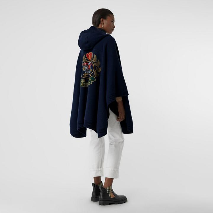 Burberry Burberry Crest Jacquard Wool Blend Hooded Cape, Blue