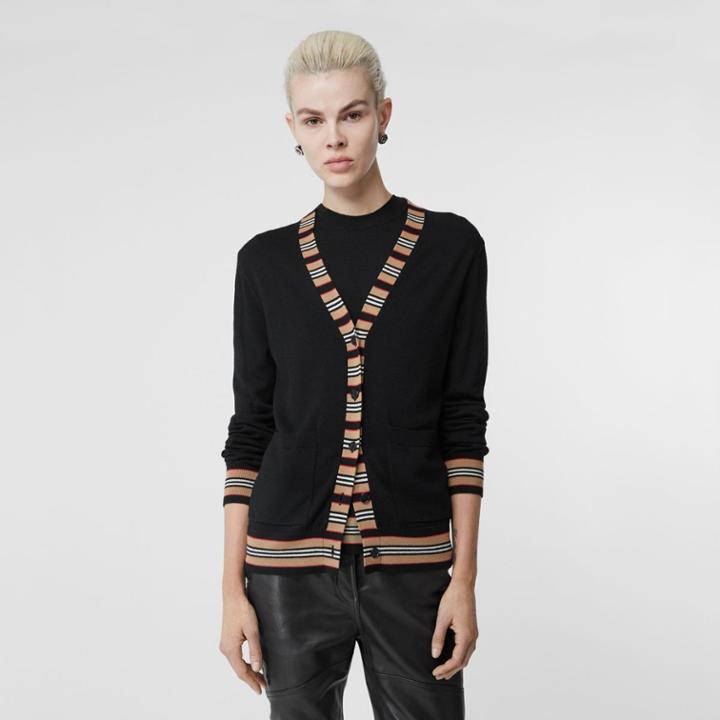 Burberry Burberry Icon Stripe Detail Wool Cardigan, Black